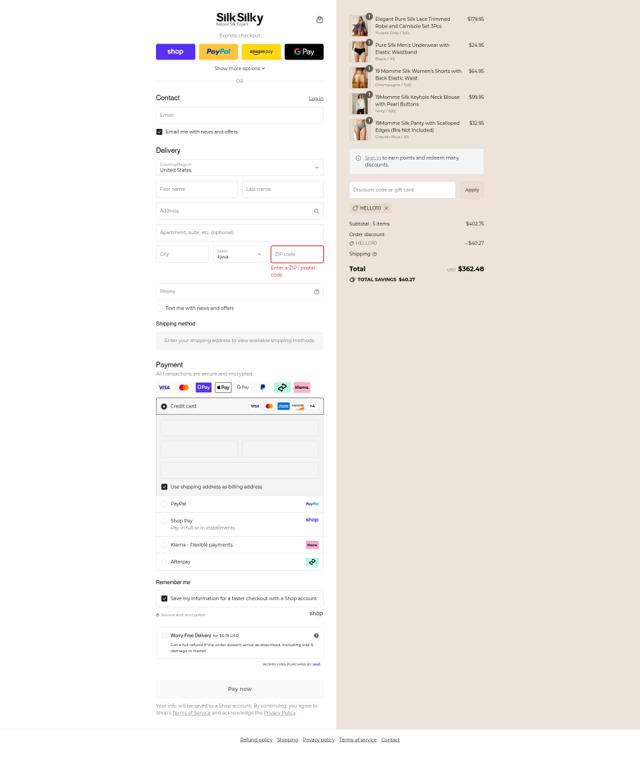 SilkSilky checkout page showing SilkSilky discount code box | Screenshot taken by SimplyCodes community member on Sep 6, 2025