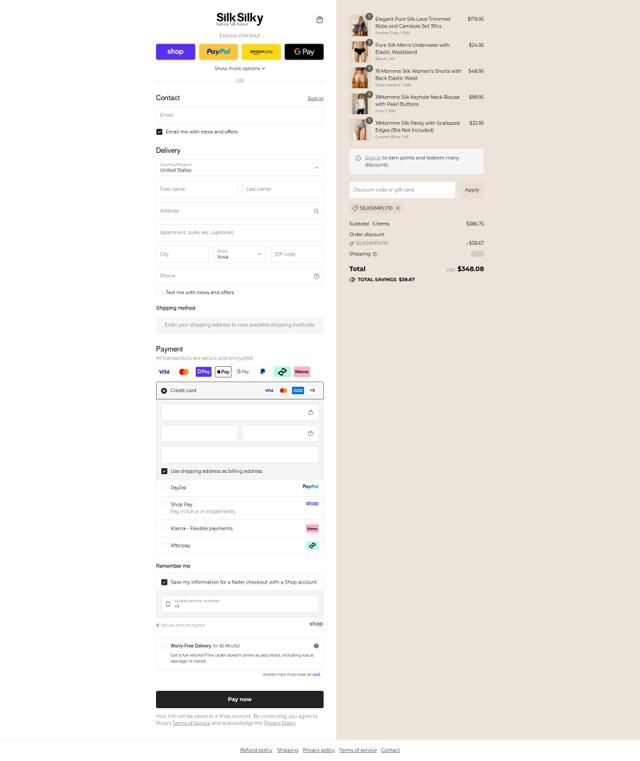 SilkSilky checkout page showing SilkSilky discount code box | Screenshot taken by SimplyCodes community member on Sep 10, 2025