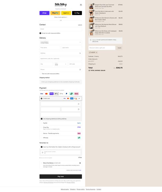 SilkSilky checkout page showing SilkSilky discount code box | Screenshot taken by SimplyCodes community member on Sep 6, 2025