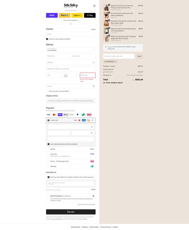 SilkSilky checkout page showing SilkSilky discount code box | Screenshot taken by SimplyCodes community member on Sep 6, 2025