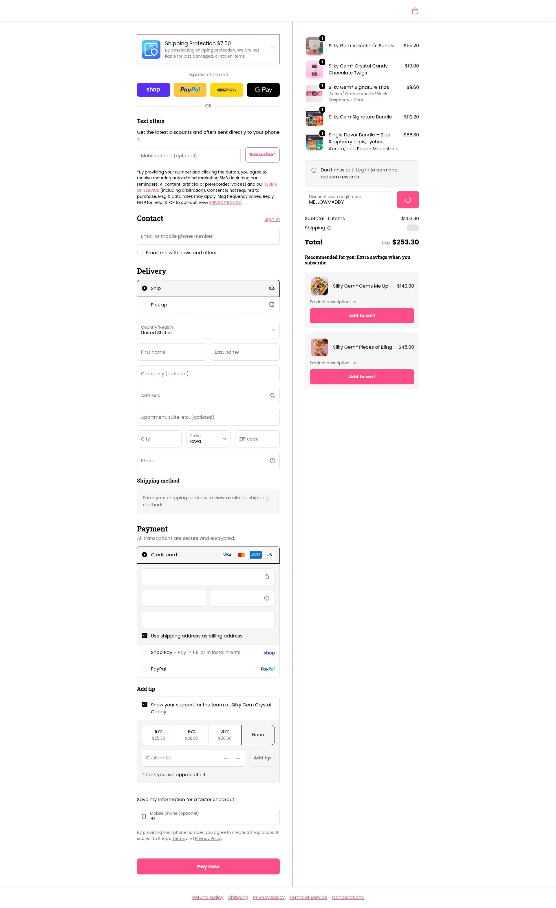 Silky Gem checkout page showing Silky Gem discount code box | Screenshot taken by SimplyCodes community member on Feb 4, 2026