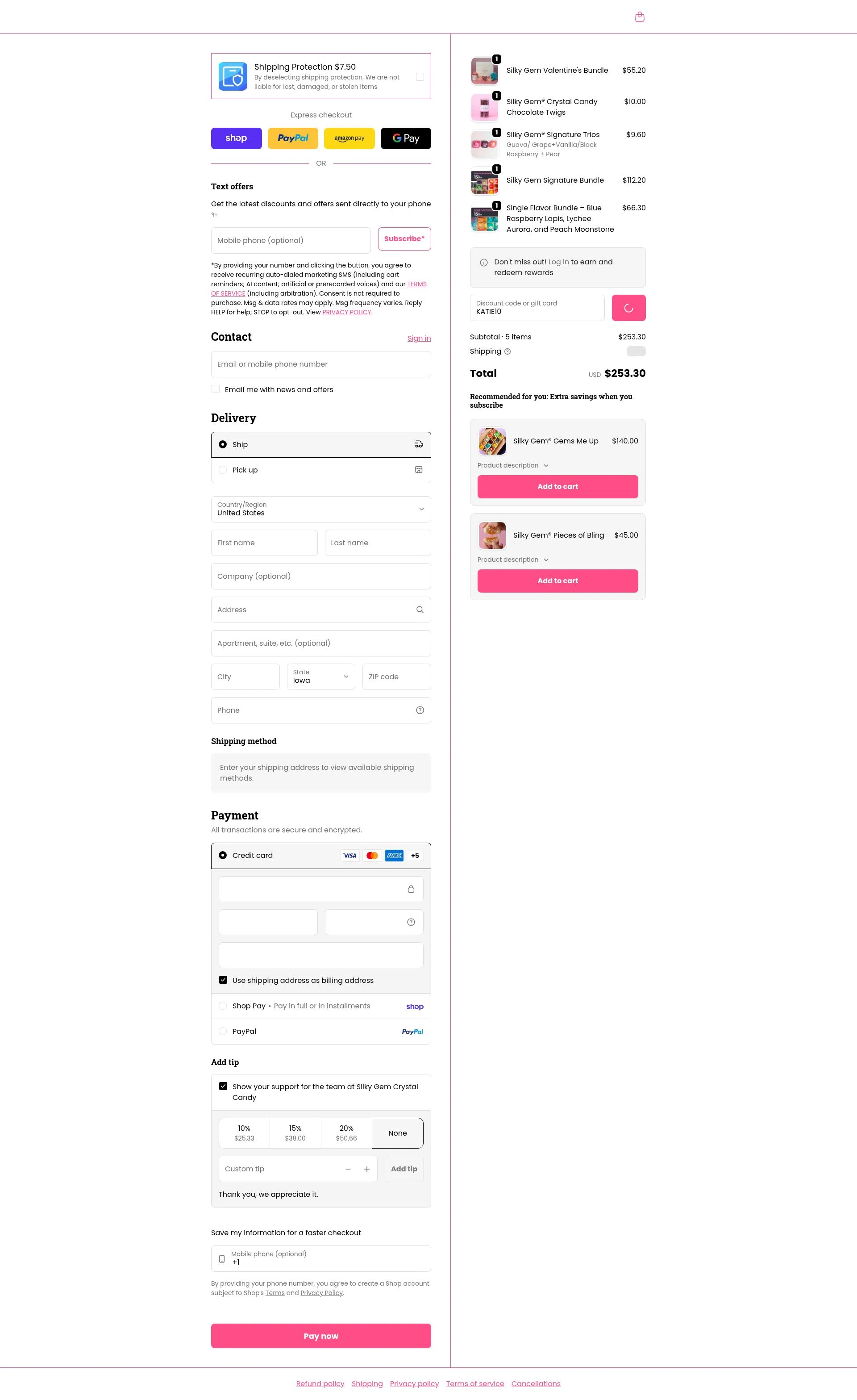 Silky Gem checkout page showing Silky Gem discount code box | Screenshot taken by SimplyCodes community member on Feb 4, 2026