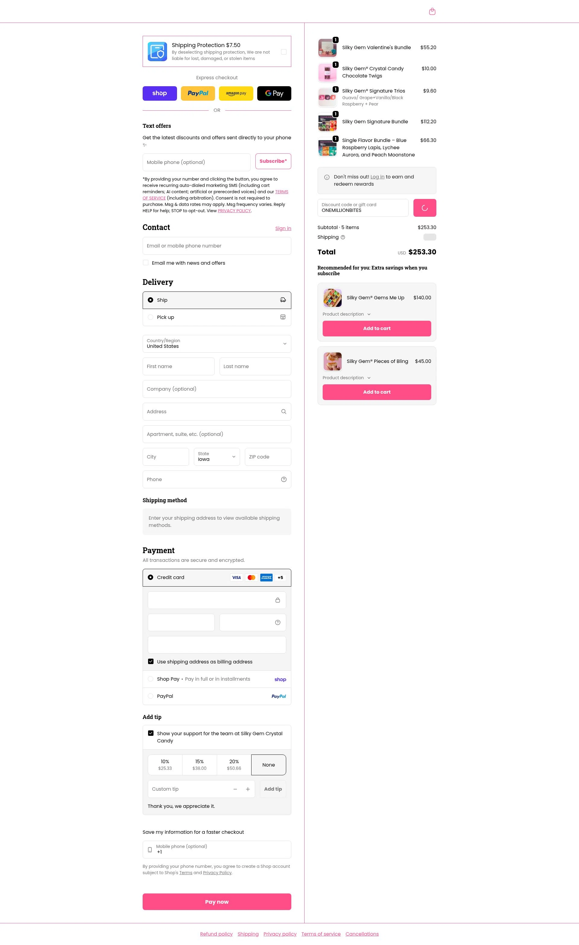 Silky Gem checkout page showing Silky Gem discount code box | Screenshot taken by SimplyCodes community member on Feb 4, 2026