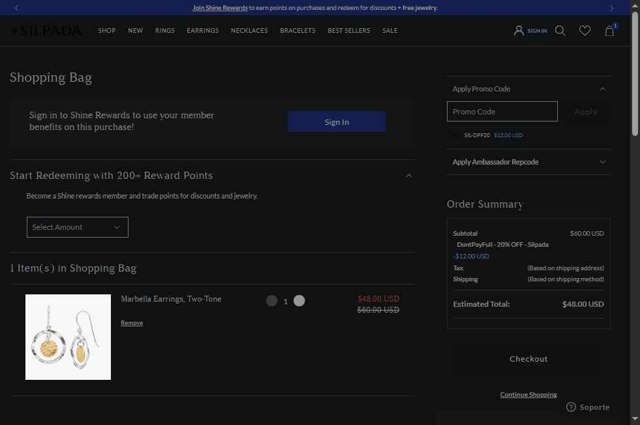 Silpada checkout page showing Silpada coupon code box | Screenshot taken by SimplyCodes community member on Jul 26, 2025