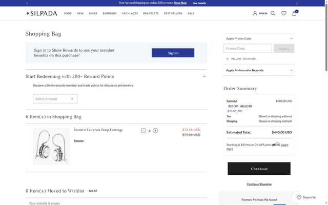 Silpada checkout page showing Silpada coupon code box | Screenshot taken by SimplyCodes community member on Jul 26, 2025