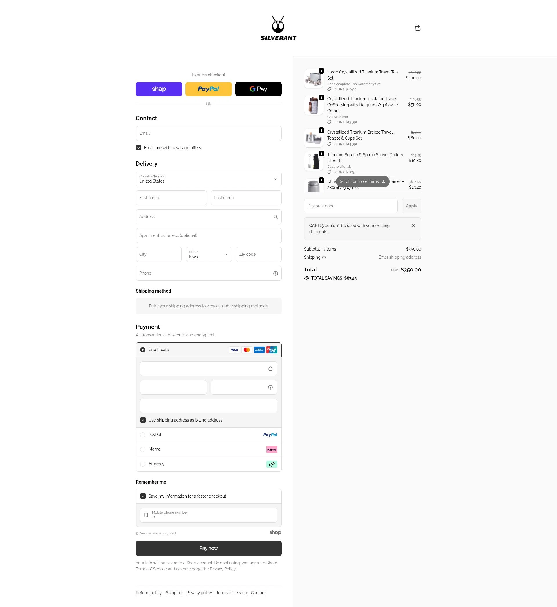SilverAnt Outdoors checkout page showing SilverAnt Outdoors promo code box | Screenshot taken by SimplyCodes community member on Jan 5, 2026