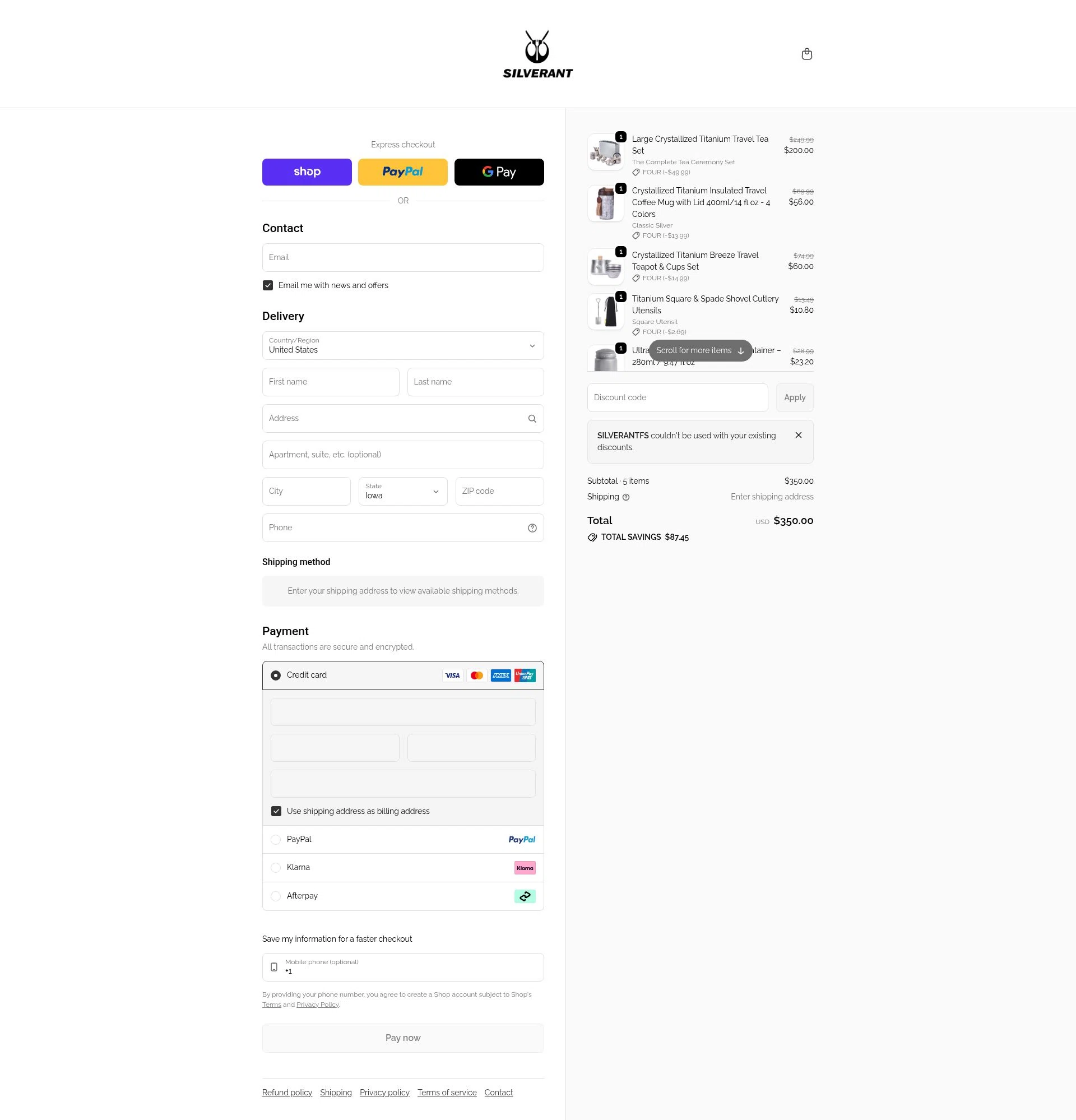 SilverAnt Outdoors checkout page showing SilverAnt Outdoors promo code box | Screenshot taken by SimplyCodes community member on Jan 10, 2026