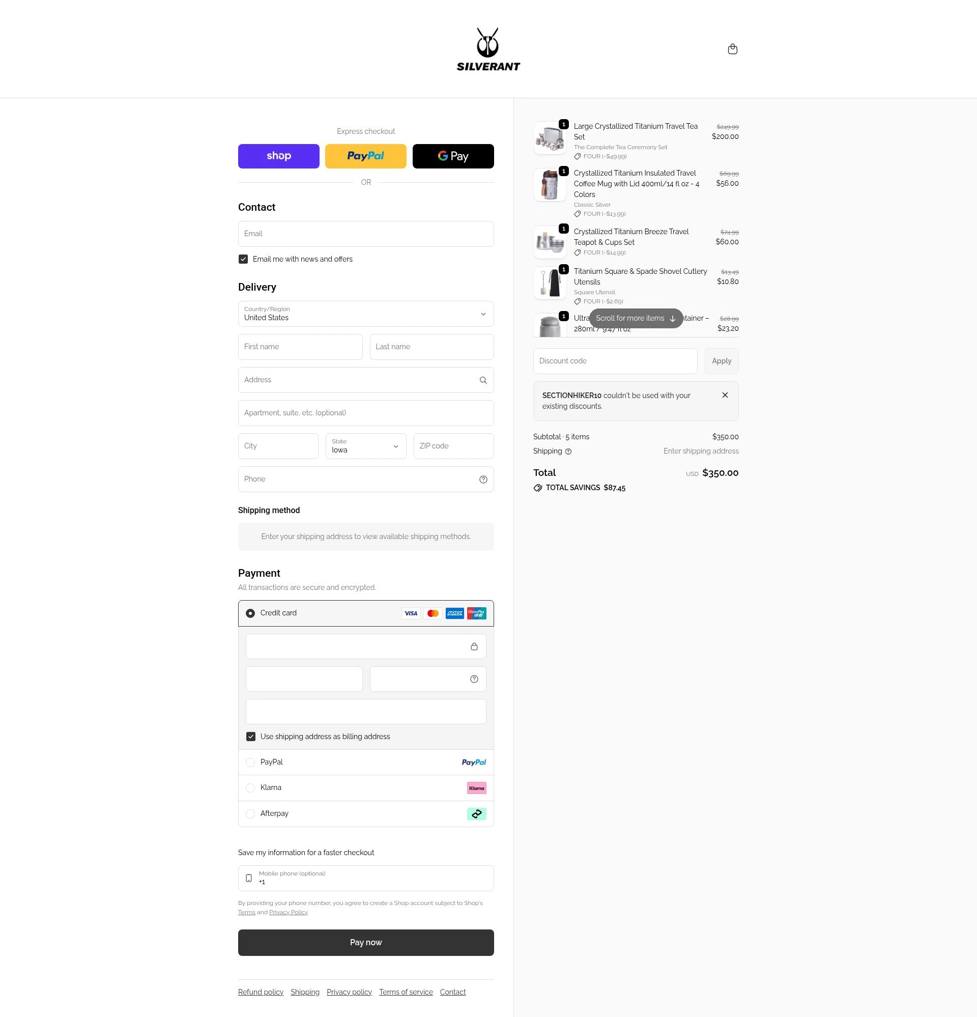 SilverAnt Outdoors checkout page showing SilverAnt Outdoors promo code box | Screenshot taken by SimplyCodes community member on Jan 10, 2026