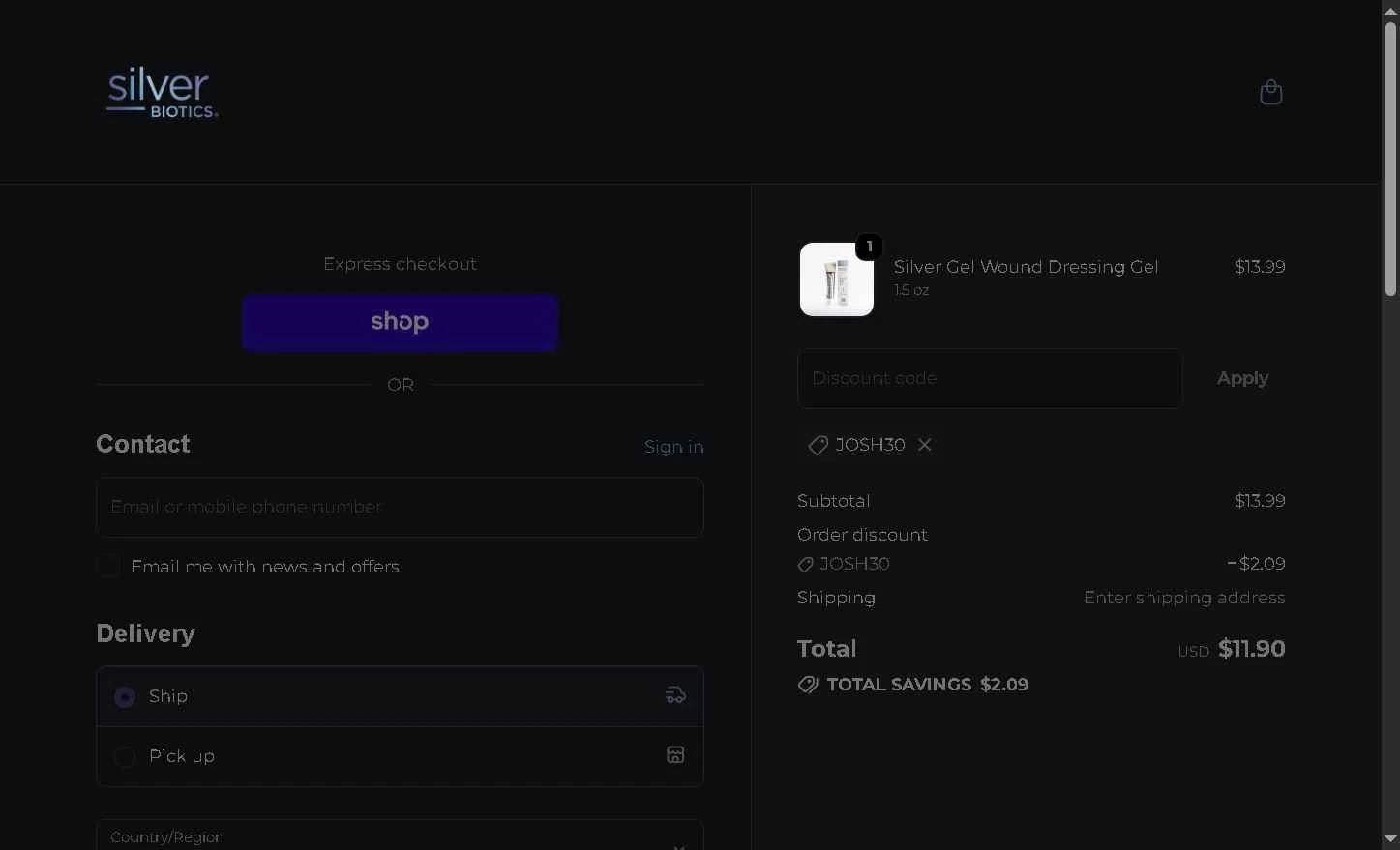 Silver Biotics checkout page showing Silver Biotics promo code box | Screenshot taken by SimplyCodes community member on Dec 21, 2025