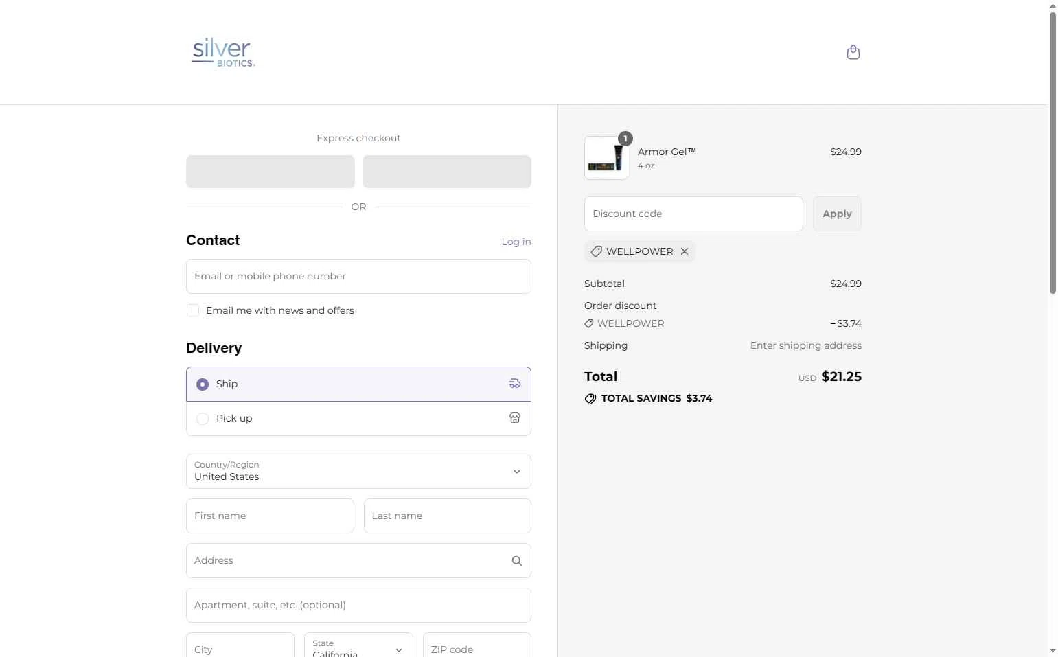 Silver Biotics checkout page showing Silver Biotics promo code box | Screenshot taken by SimplyCodes community member on Aug 19, 2025