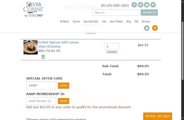 Silver Cuisine checkout page showing Silver Cuisine promo code box | Screenshot taken by SimplyCodes community member on Aug 22, 2025