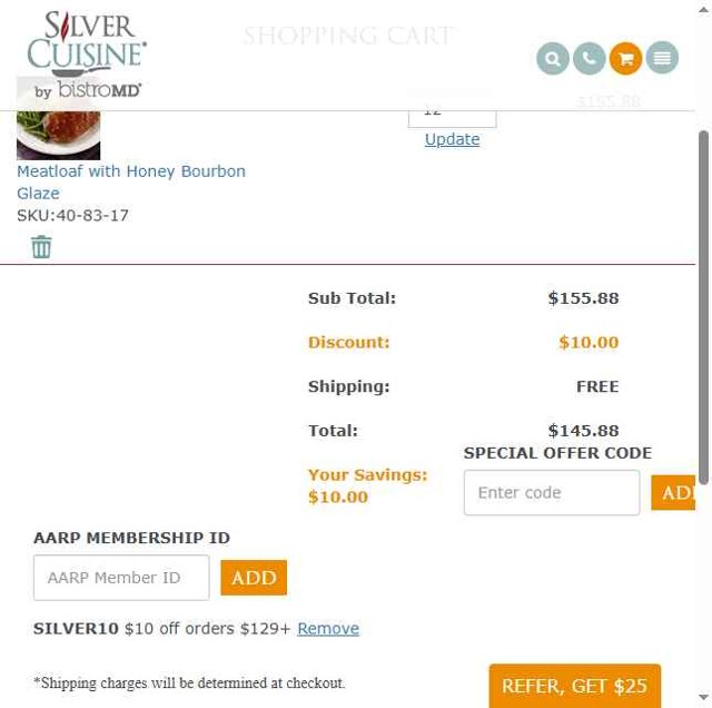 Silver Cuisine checkout page showing Silver Cuisine promo code box | Screenshot taken by SimplyCodes community member on Jul 17, 2025