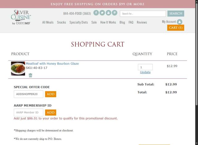 Silver Cuisine checkout page showing Silver Cuisine promo code box | Screenshot taken by SimplyCodes community member on Aug 22, 2025