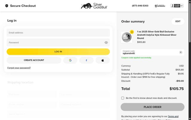 Silver Gold Bull checkout page showing Silver Gold Bull discount code box | Screenshot taken by SimplyCodes community member on Aug 6, 2025