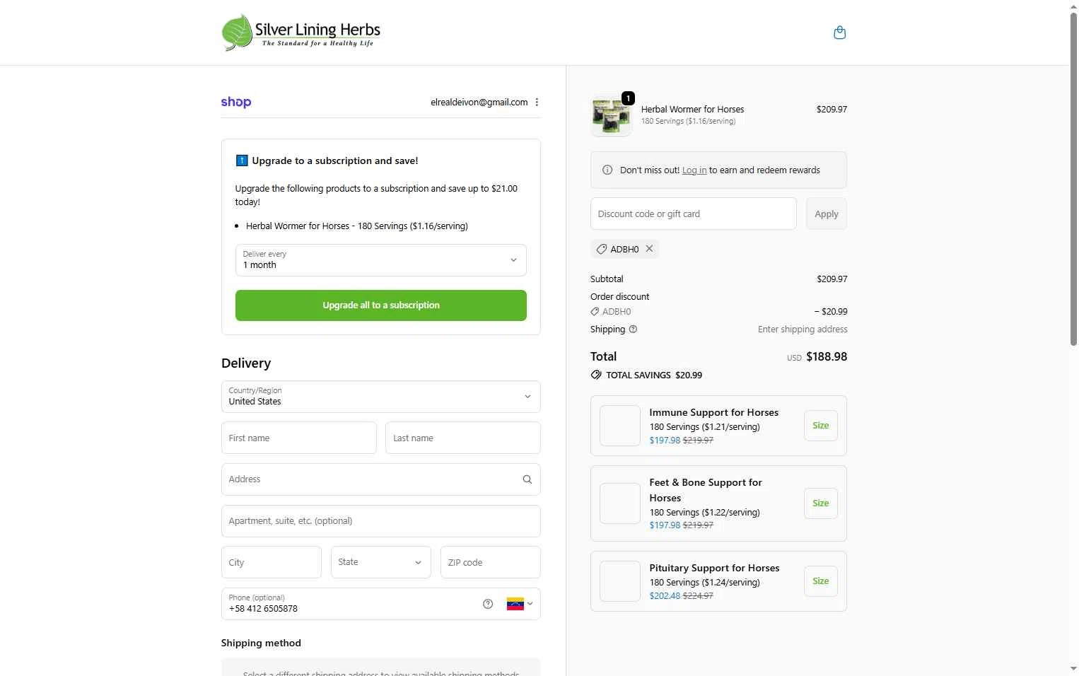 Silver Lining Herbs checkout page showing Silver Lining Herbs discount code box | Screenshot taken by SimplyCodes community member on Feb 5, 2026