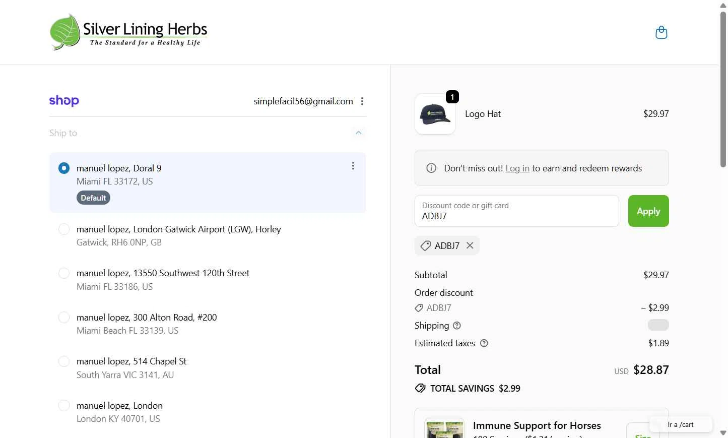Silver Lining Herbs checkout page showing Silver Lining Herbs discount code box | Screenshot taken by SimplyCodes community member on Feb 5, 2026