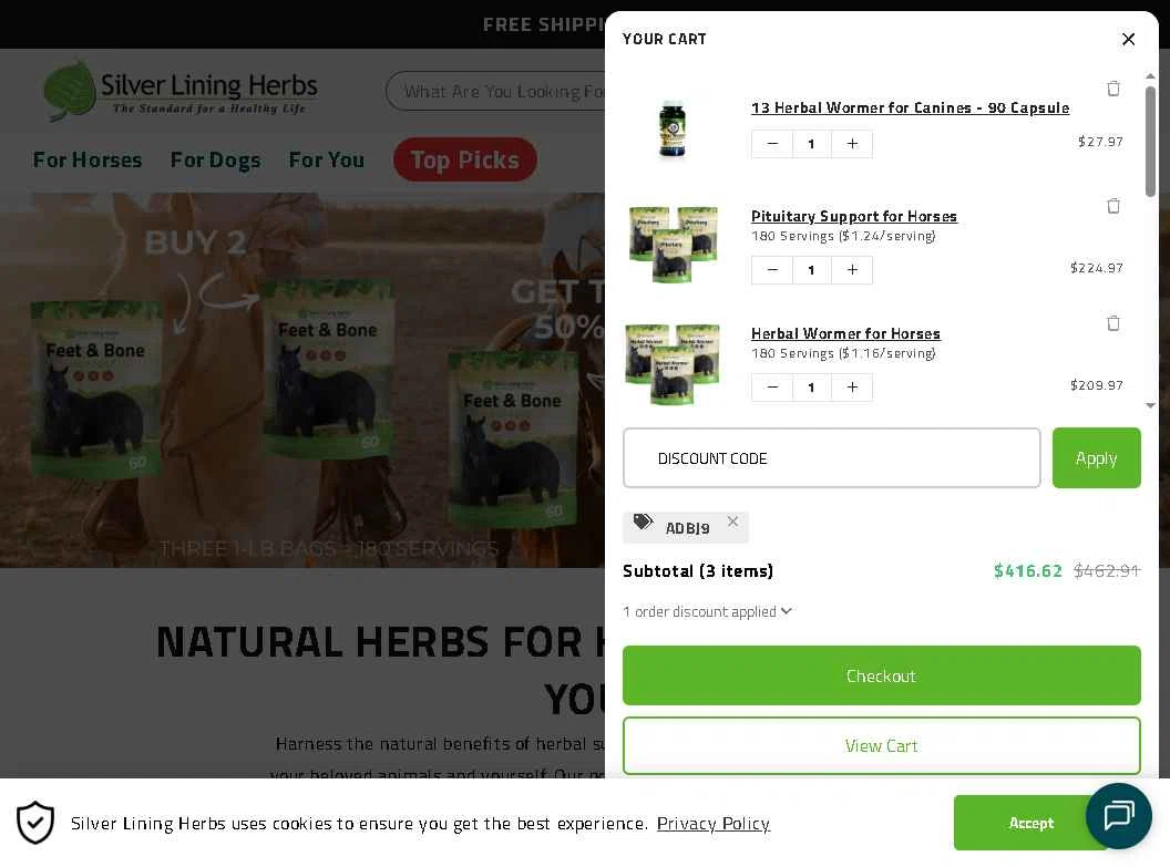Silver Lining Herbs checkout page showing Silver Lining Herbs discount code box | Screenshot taken by SimplyCodes community member on Feb 5, 2026