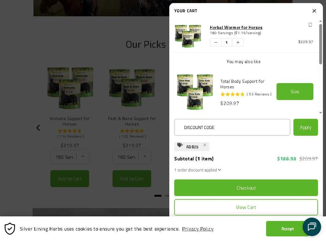 Silver Lining Herbs checkout page showing Silver Lining Herbs discount code box | Screenshot taken by SimplyCodes community member on Feb 5, 2026