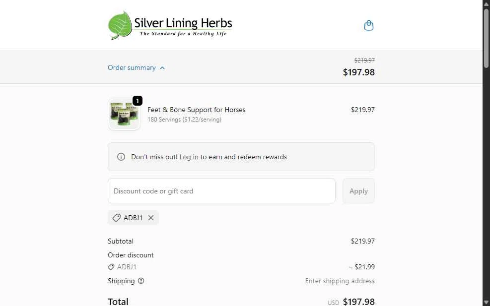 Silver Lining Herbs checkout page showing Silver Lining Herbs discount code box | Screenshot taken by SimplyCodes community member on Feb 5, 2026