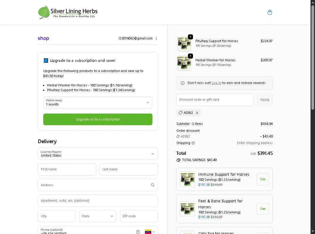 Silver Lining Herbs checkout page showing Silver Lining Herbs discount code box | Screenshot taken by SimplyCodes community member on Feb 5, 2026
