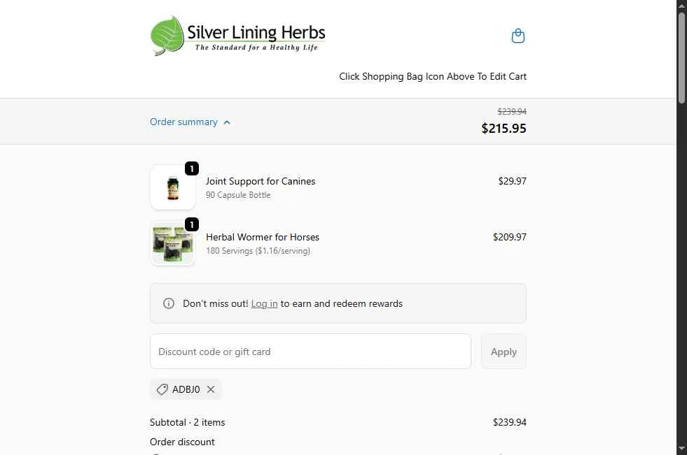 Silver Lining Herbs checkout page showing Silver Lining Herbs discount code box | Screenshot taken by SimplyCodes community member on Feb 5, 2026