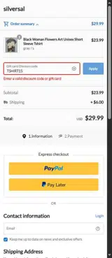 TSHIRT15 coupon verification screenshot