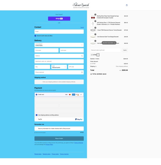 SilverSpeck checkout page showing SilverSpeck promo code box | Screenshot taken by SimplyCodes community member on Feb 21, 2025