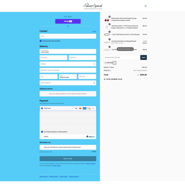 SilverSpeck checkout page showing SilverSpeck promo code box | Screenshot taken by SimplyCodes community member on Feb 21, 2025