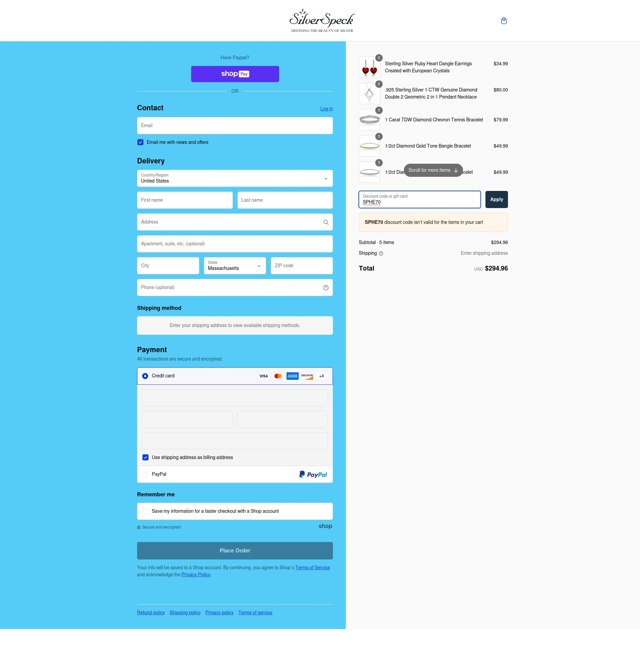 SilverSpeck checkout page showing SilverSpeck promo code box | Screenshot taken by SimplyCodes community member on Feb 21, 2025