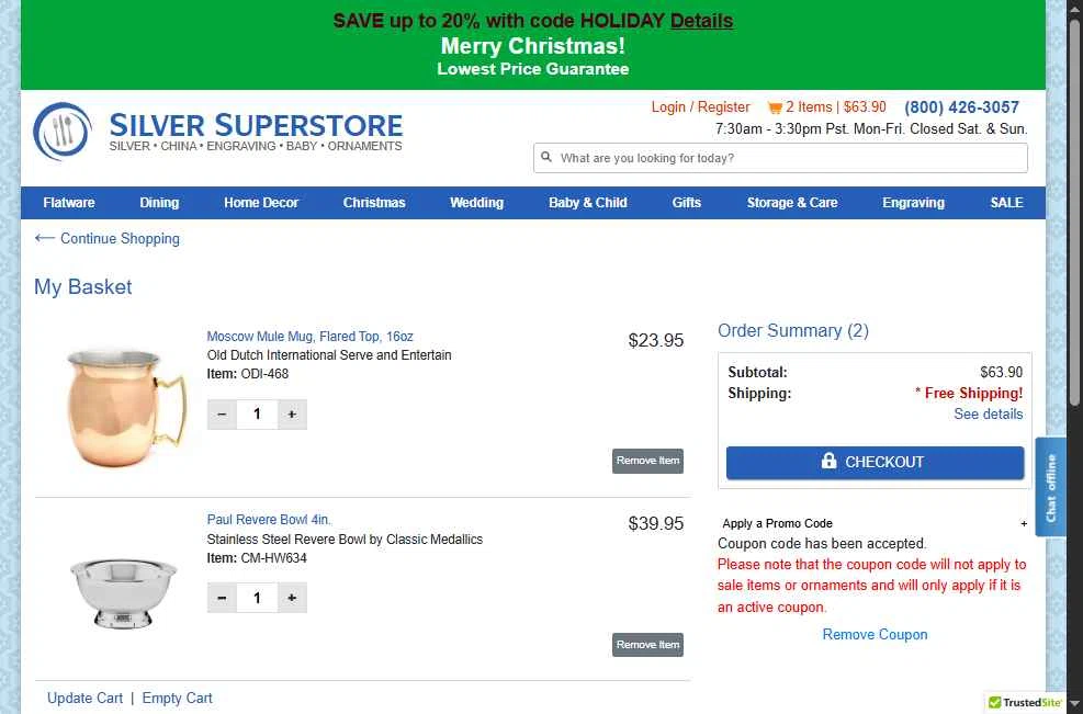 Silver Superstore checkout page showing Silver Superstore promo code box | Screenshot taken by SimplyCodes community member on Dec 27, 2025