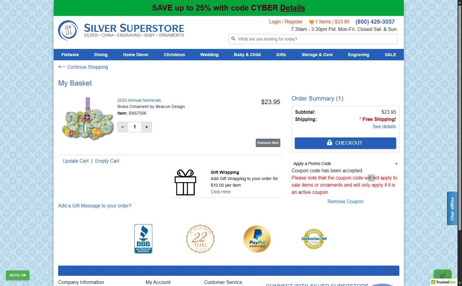 Silver Superstore checkout page showing Silver Superstore promo code box | Screenshot taken by SimplyCodes community member on Dec 2, 2025