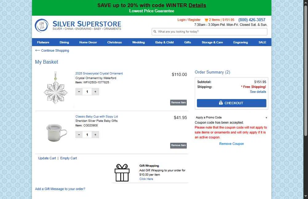 Silver Superstore checkout page showing Silver Superstore promo code box | Screenshot taken by SimplyCodes community member on Jan 25, 2026