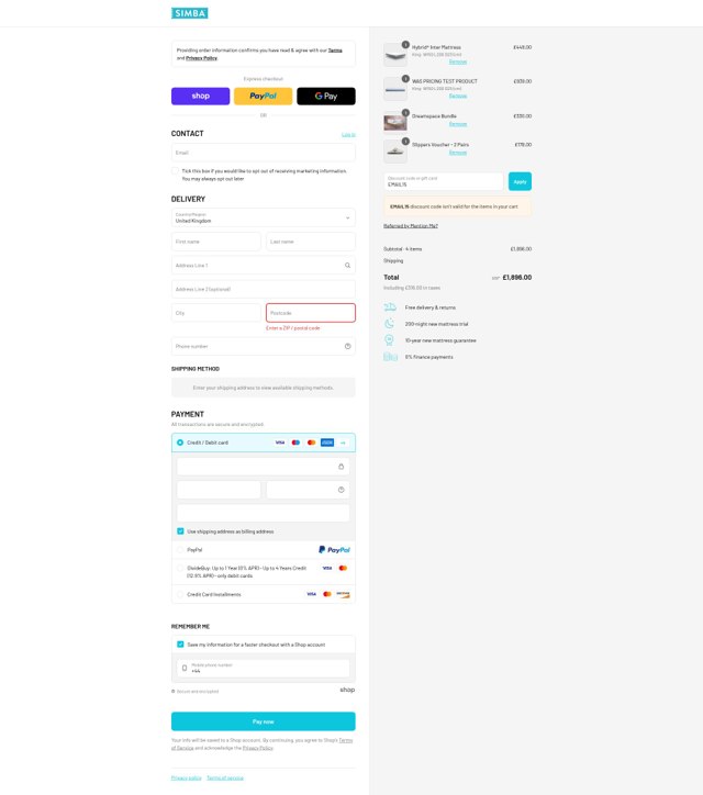 Simba checkout page showing Simba discount code box | Screenshot taken by SimplyCodes community member on Aug 12, 2025