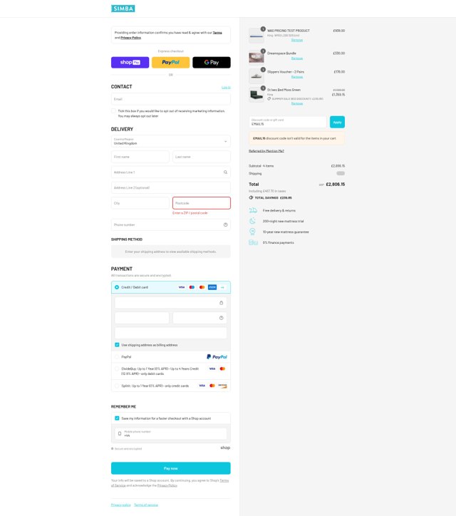 Simba checkout page showing Simba discount code box | Screenshot taken by SimplyCodes community member on Jul 22, 2025