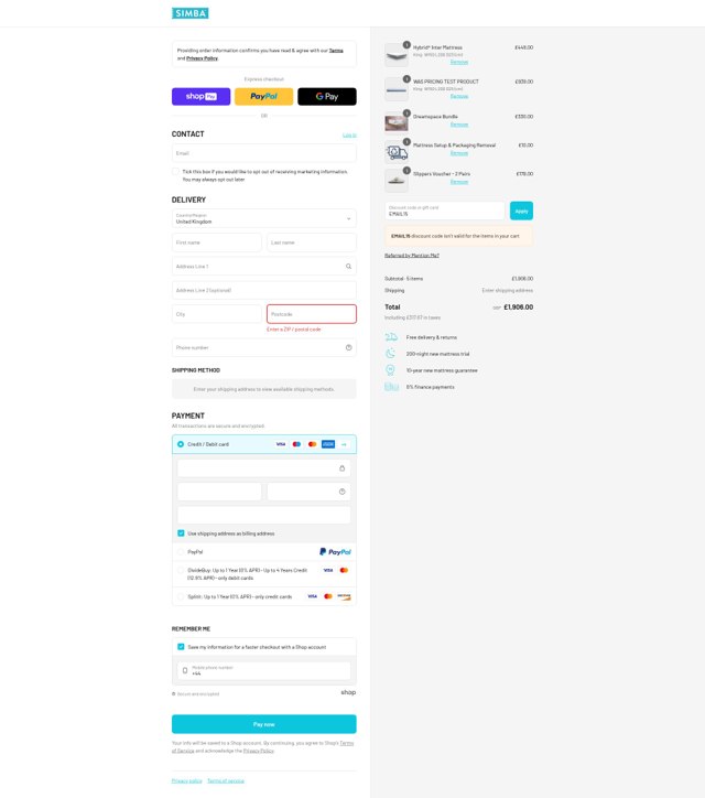 Simba checkout page showing Simba discount code box | Screenshot taken by SimplyCodes community member on Aug 4, 2025