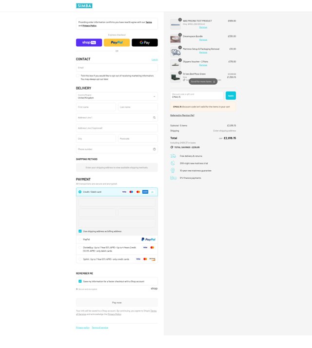 Simba checkout page showing Simba discount code box | Screenshot taken by SimplyCodes community member on Jul 26, 2025