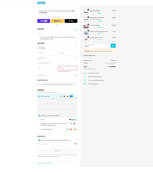 Simba checkout page showing Simba discount code box | Screenshot taken by SimplyCodes community member on Aug 8, 2025