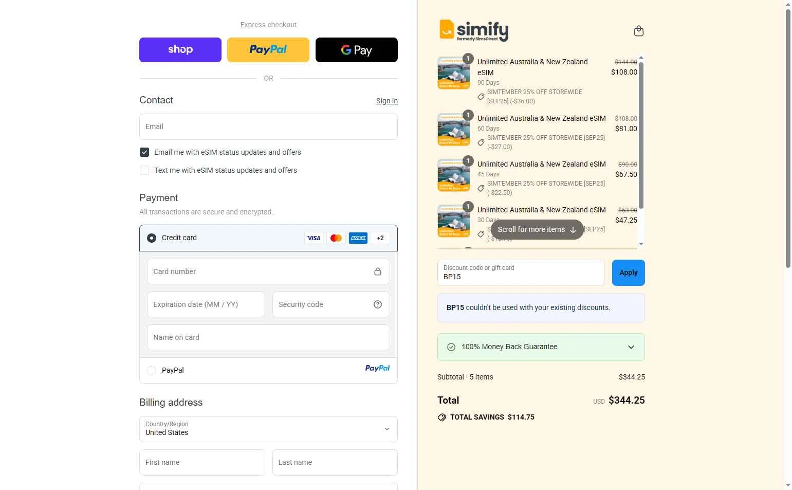 Simify checkout page showing Simify discount code box | Screenshot taken by SimplyCodes community member on Sep 12, 2025