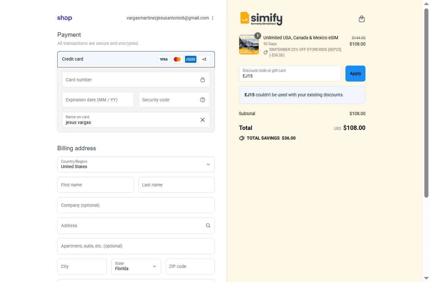 Simify checkout page showing Simify discount code box | Screenshot taken by SimplyCodes community member on Sep 12, 2025