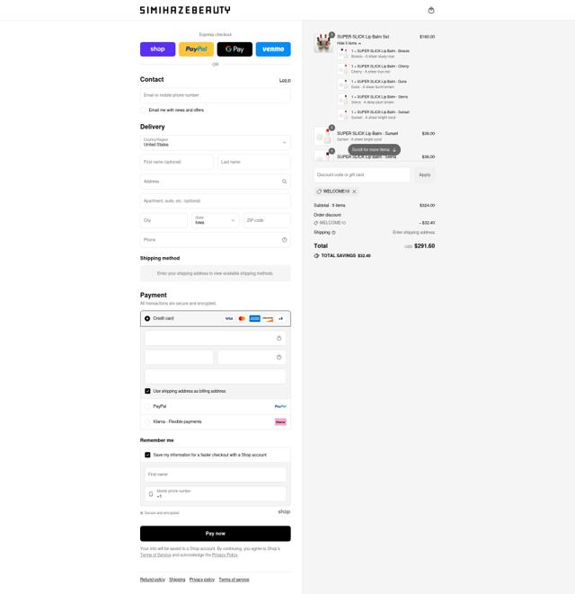 SIMIHAZE BEAUTY checkout page showing SIMIHAZE BEAUTY promo code box | Screenshot taken by SimplyCodes community member on Sep 9, 2025