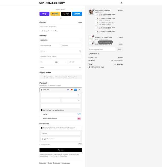 SIMIHAZE BEAUTY checkout page showing SIMIHAZE BEAUTY promo code box | Screenshot taken by SimplyCodes community member on Sep 13, 2025