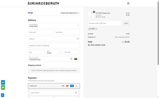 SIMIHAZE BEAUTY checkout page showing SIMIHAZE BEAUTY promo code box | Screenshot taken by SimplyCodes community member on Sep 14, 2025