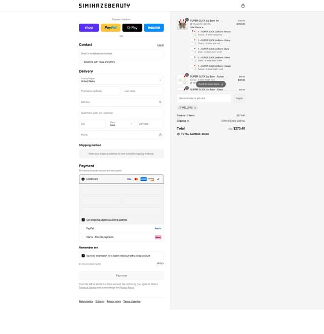 SIMIHAZE BEAUTY checkout page showing SIMIHAZE BEAUTY promo code box | Screenshot taken by SimplyCodes community member on Sep 9, 2025