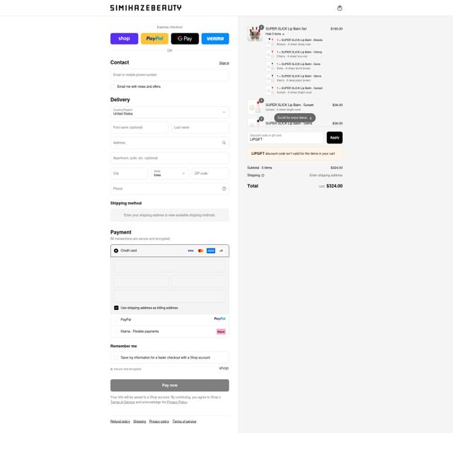 SIMIHAZE BEAUTY checkout page showing SIMIHAZE BEAUTY promo code box | Screenshot taken by SimplyCodes community member on Sep 13, 2025