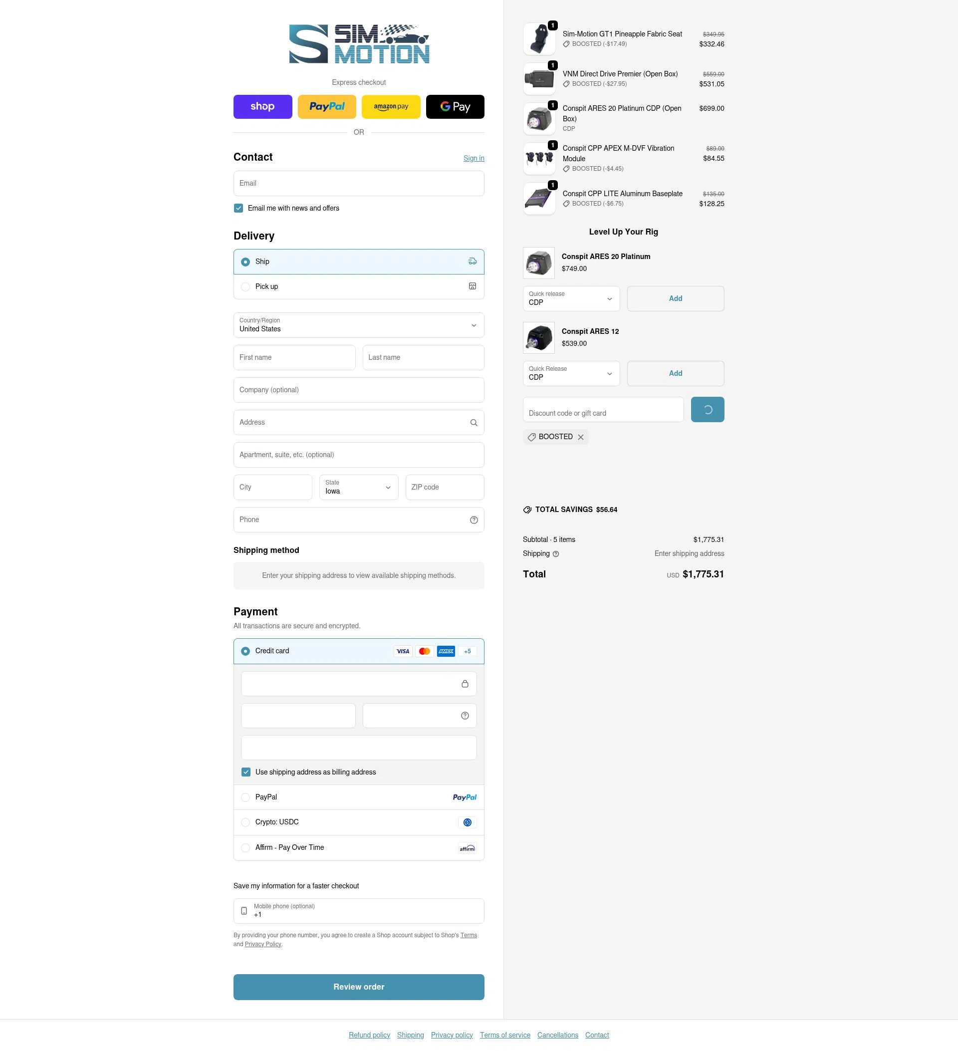 Sim-Motion US checkout page showing Sim-Motion US promo code box | Screenshot taken by SimplyCodes community member on Feb 4, 2026