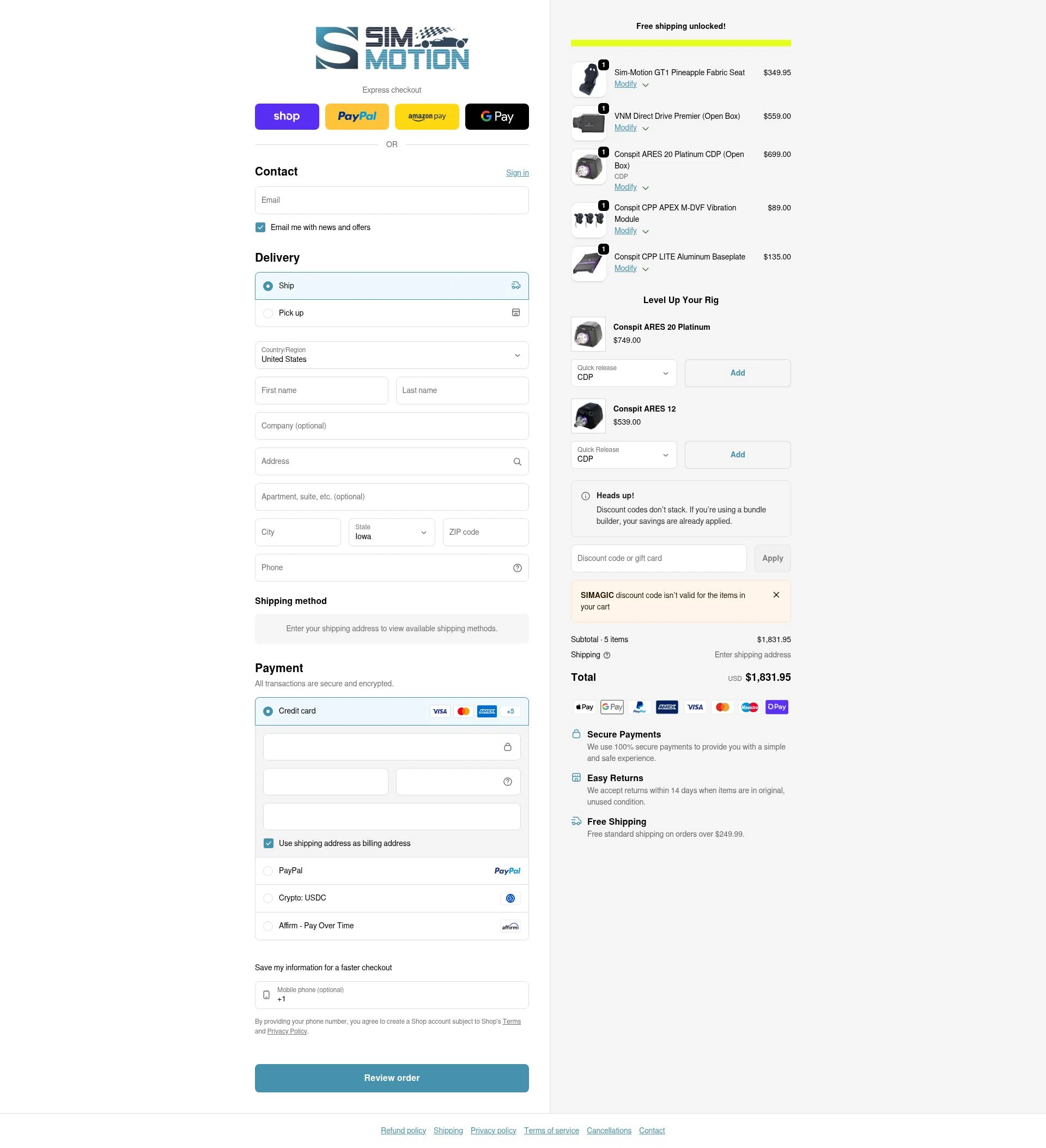 Sim-Motion US checkout page showing Sim-Motion US promo code box | Screenshot taken by SimplyCodes community member on Feb 4, 2026