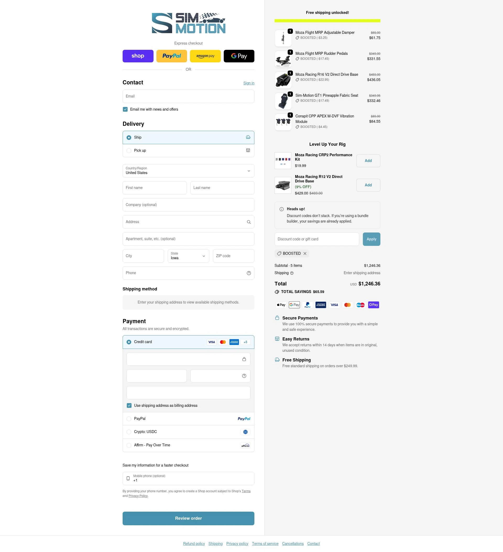 Sim-Motion US checkout page showing Sim-Motion US promo code box | Screenshot taken by SimplyCodes community member on Feb 19, 2026