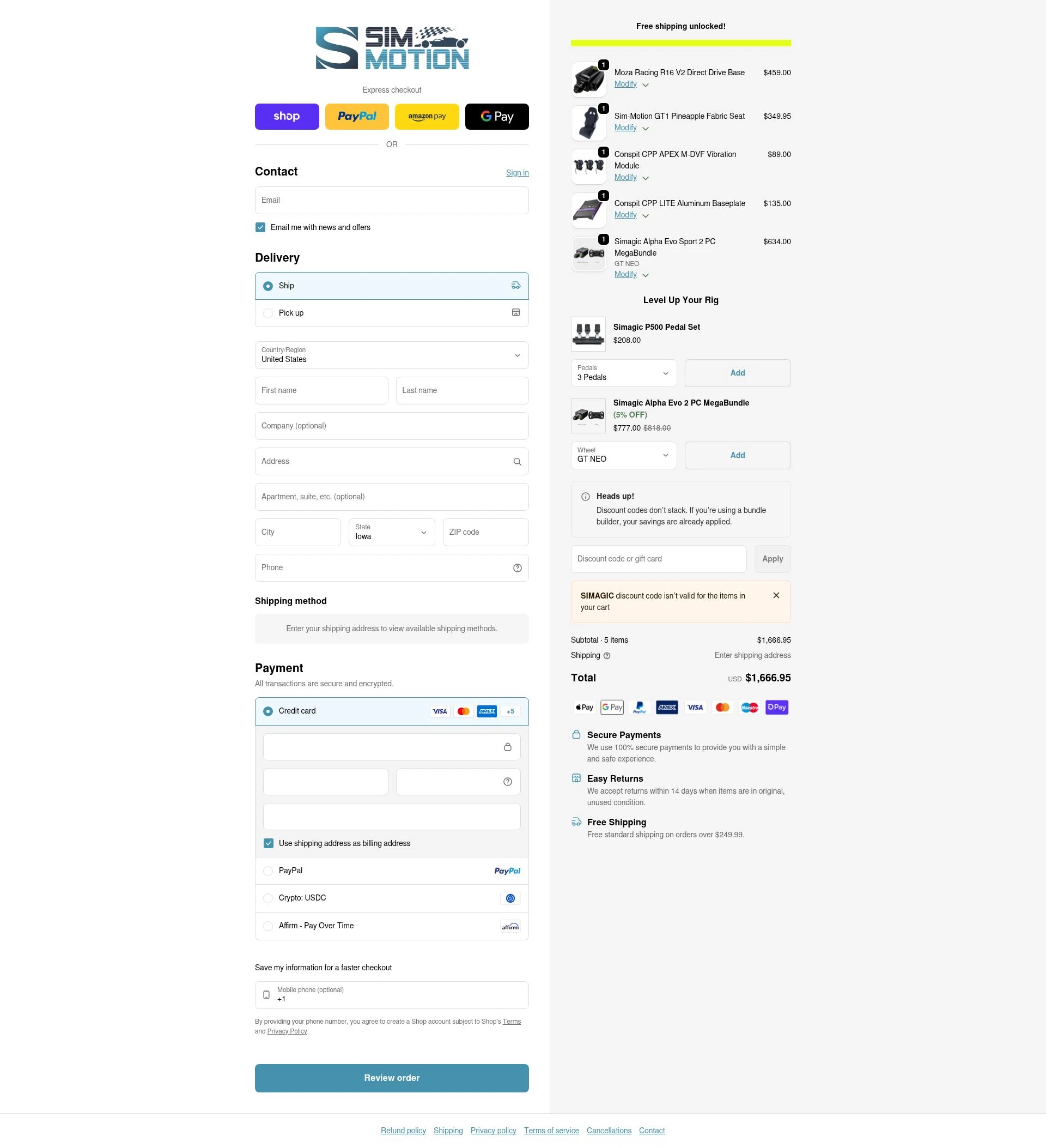 Sim-Motion US checkout page showing Sim-Motion US promo code box | Screenshot taken by SimplyCodes community member on Feb 8, 2026