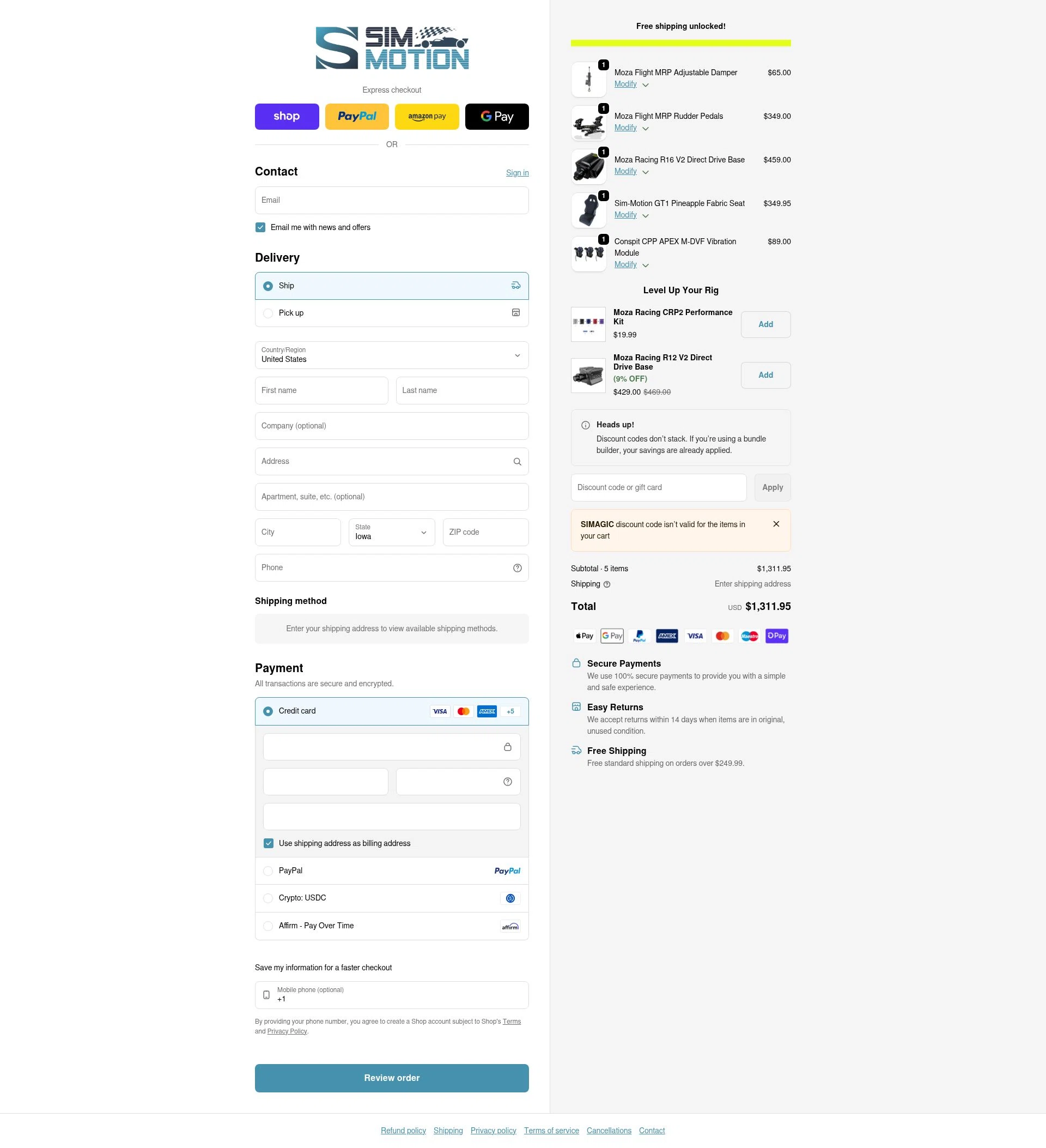 Sim-Motion US checkout page showing Sim-Motion US promo code box | Screenshot taken by SimplyCodes community member on Feb 17, 2026