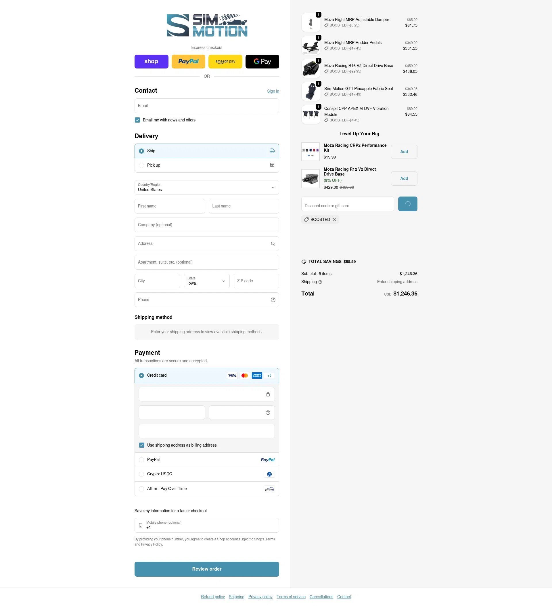 Sim-Motion US checkout page showing Sim-Motion US promo code box | Screenshot taken by SimplyCodes community member on Feb 12, 2026